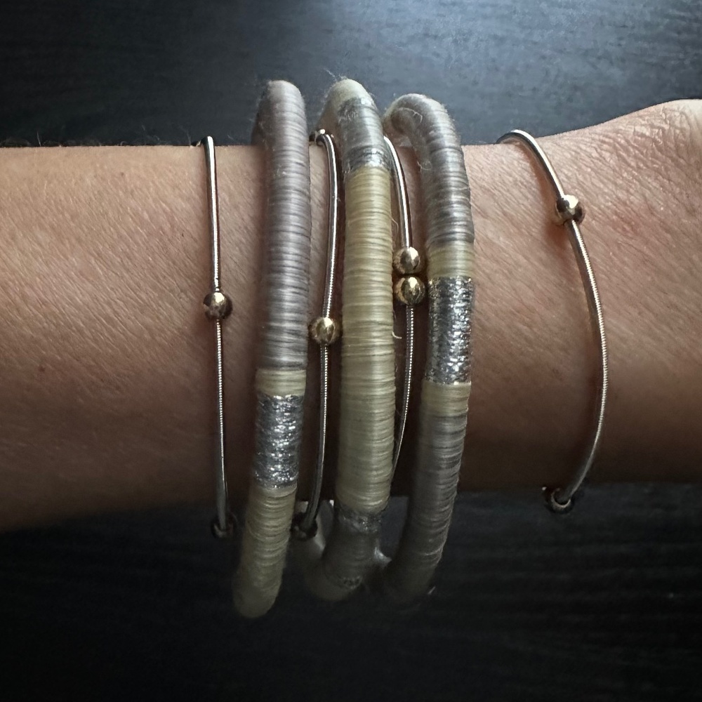 Handmade Bracelets - set of 3 purple/silver/cream w/4 coil bracelets